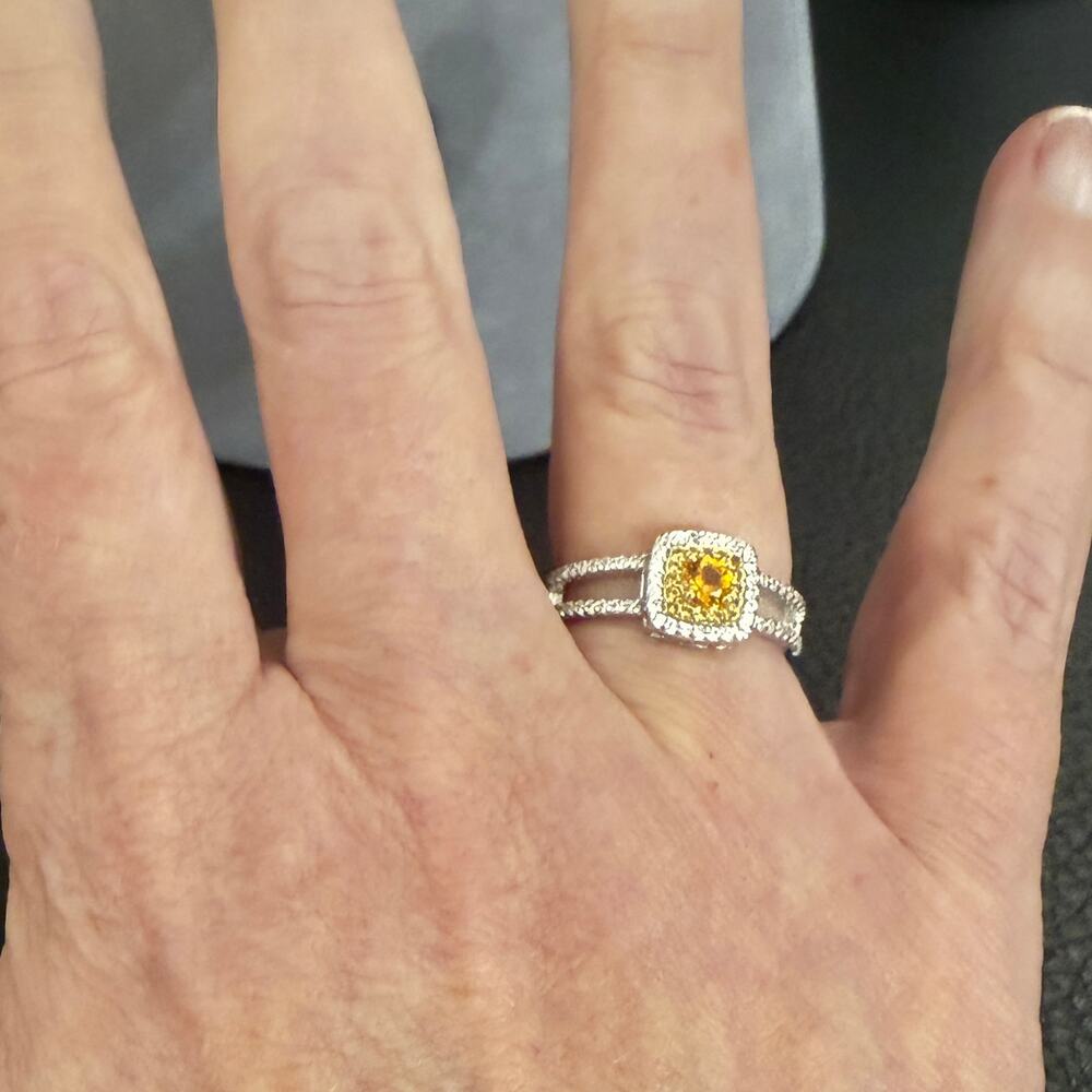 Sterling Silver Plated Topaz Yellow Square Stone w/ Pave Accents Ring Size 8